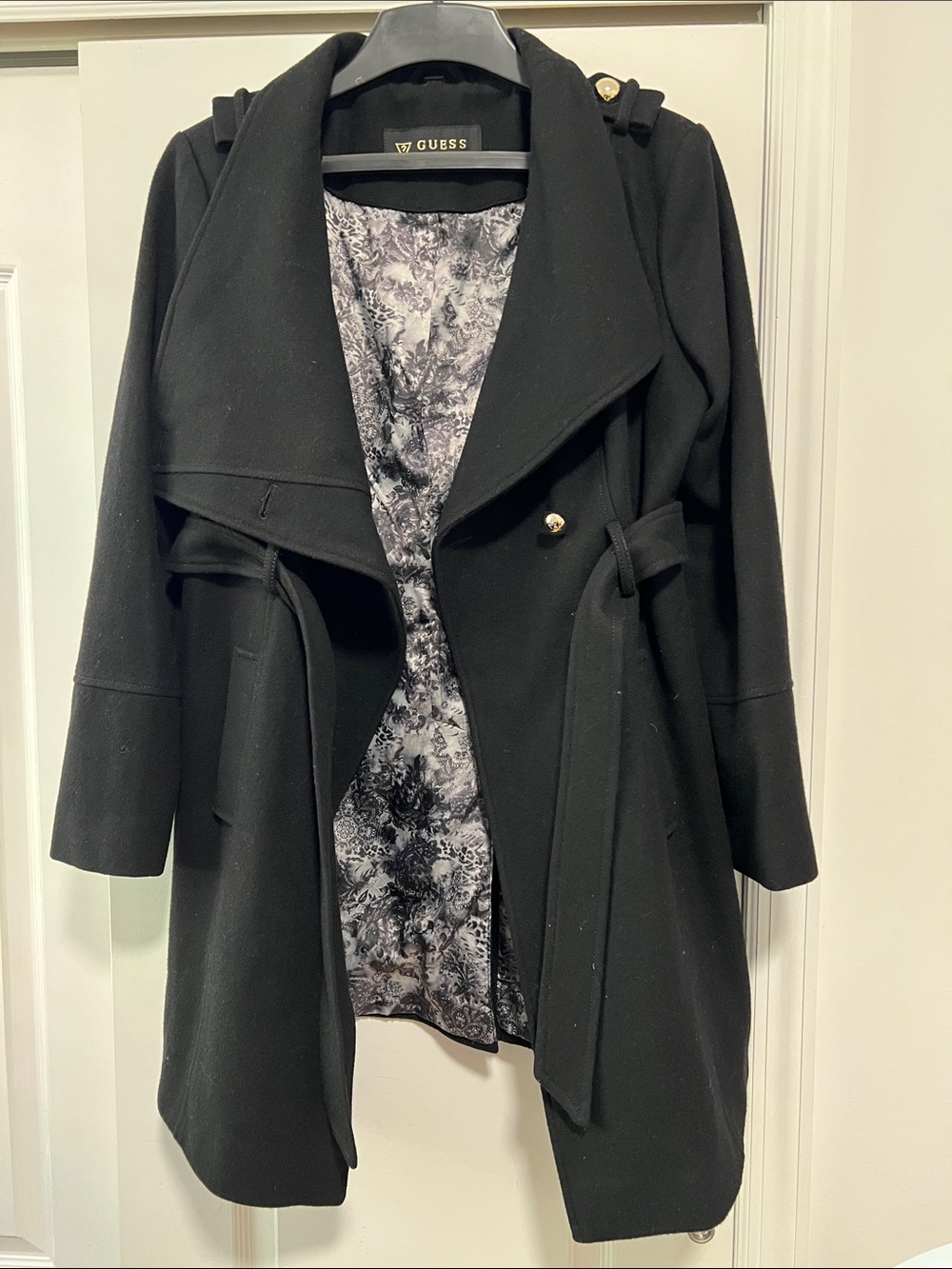 Guess Black Belted Trench Coat with Printed Lining